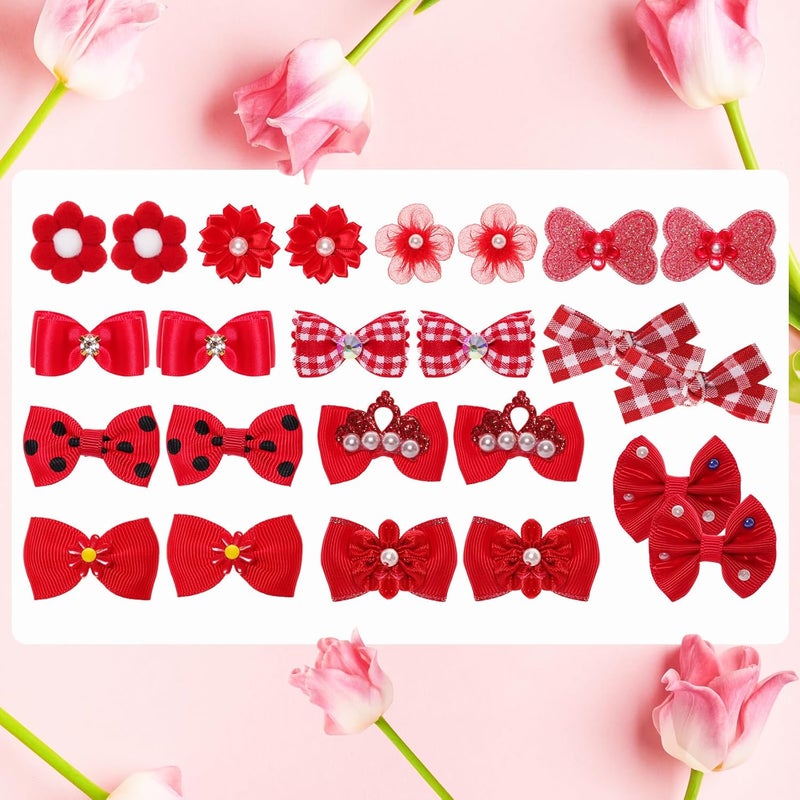 Gvhntk 24Pcs Red Small Dog Hair Bows Cute Puppy Dog Bowknot Hair Bow Bulk with Rubber Bands Elastic Lace Rhinestone Pearls Hair Ties Mix Style Handmade Flower Bow Dog Cat (Red, Strong Pattern) - Image 3